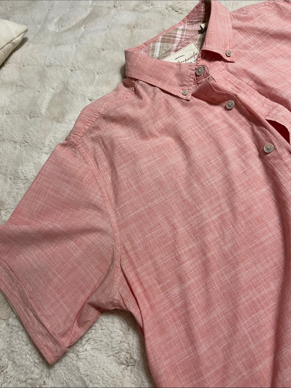 Weatherproof Soft Pink Button-Down Shirt with Subtle Crosshatch